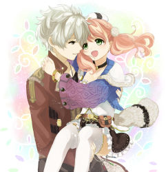 Rule 34 | 10s, 1boy, 1girl, :d, atelier (series), atelier escha &amp; logy, bad id, bad pixiv id, blush, bracelet, braid, brown eyes, brown skirt, carrying, couple, cowboy shot, escha malier, eye contact, green eyes, grey eyes, grin, happy, hat, hetero, hug, jewelry, logix ficsario, looking at another, multicolored background, neck, necklace, open mouth, pink hair, princess carry, sasamaru chimaki, short hair, skirt, smile, tail, thighhighs, twintails, white hair, white thighhighs
