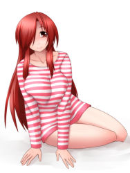 Rule 34 | 1girl, bad id, bad pixiv id, breasts, breasts squeezed together, collarbone, hair over one eye, large breasts, long hair, nokoppa, original, red eyes, red hair, smile, solo, striped clothes, striped sweater, sweater