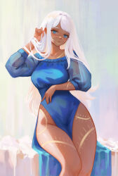 Rule 34 | 1girl, arm under breasts, arm up, backlighting, blue dress, blue eyes, body markings, breasts, closed mouth, collarbone, commentary, cowboy shot, crossed legs, dark-skinned female, dark skin, dress, english commentary, facial mark, hand in own hair, highres, large breasts, light smile, long hair, looking at viewer, multicolored background, navel, nipples, original, parted bangs, see-through, see-through sleeves, shchrit, side slit, sidelighting, sidelocks, sitting, solo, tattoo, thigh gap, tribal print, tribal tattoo, uncensored, white hair