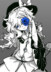 Rule 34 | 1girl, blouse, blue eyes, blue flower, blue rose, bow, buttons, closed mouth, commentary, diamond button, flower, frilled shirt collar, frilled sleeves, frills, grey background, greyscale, hand up, hat, hat bow, head tilt, holding, holding flower, komeiji koishi, long hair, long sleeves, monochrome, one eye covered, rose, scratches, seeker, shirt, simple background, skirt, solo, spot color, third eye, touhou, tsurime, upper body, wavy hair, wavy mouth, wide sleeves