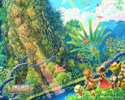 Rule 34 | 1boy, 1girl, bird, children of mana, colorful, copyright name, crane (animal), day, dutch angle, fern, ferrick, flamingo, forest, from behind, height difference, long hair, mana tree, nature, official art, official wallpaper, outdoors, plant, ponytail, poppen, scenery, seiken densetsu, square enix, tamber, tree, wallpaper, wanderer (children of mana)