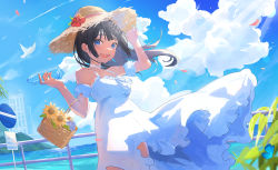 Rule 34 | 1girl, :d, absurdres, animal, arm up, bare shoulders, basket, black hair, blue eyes, blue flower, blue sky, bottle, breasts, brown hat, bug, butterfly, cloud, commentary request, day, detached sleeves, dress, floating hair, flower, gurina, hand on headwear, hand up, hat, hat flower, highres, holding, holding bottle, insect, long hair, looking at viewer, medium breasts, open mouth, original, outdoors, petals, puffy short sleeves, puffy sleeves, railing, red flower, road sign, short sleeves, sign, sky, sleeveless, sleeveless dress, smile, solo, straw hat, water, water bottle, white dress, white sleeves, yellow flower