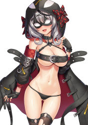 Rule 34 | 1girl, :d, animal hood, belt, bikini, black bikini, black thighhighs, blush, bow, breasts, cleavage, collar, cowboy shot, eye mask, fang, fingerless gloves, gloves, gluteal fold, grey hair, highres, hololive, hood, jacket, large breasts, looking at viewer, nail polish, off shoulder, open mouth, orca hood, plaid, plaid bow, red eyes, red nails, sakamata chloe, smile, solo, swimsuit, tako seijin, thighhighs, torn clothes, torn thighhighs, virtual youtuber