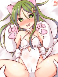 Rule 34 | 1girl, animal ears, animal hands, blush, cameltoe, casual one-piece swimsuit, cat ears, cat tail, choker, cleft of venus, cosplay, covered navel, crescent, crescent hair ornament, flat chest, flower, frilled one-piece swimsuit, frilled swimsuit, frills, gloves, green eyes, green hair, hair flower, hair ornament, hairband, highleg, highleg swimsuit, kanon (kurogane knights), kantai collection, long hair, looking at viewer, nagatsuki (kancolle), nose blush, one-hour drawing challenge, one-piece swimsuit, paw gloves, sagiri (kancolle), sagiri (kancolle) (cosplay), side-tie swimsuit, solo, spread legs, swimsuit, tail, white choker, white one-piece swimsuit