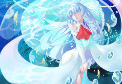 Rule 34 | air bubble, antenna hair, ascot, bad id, bad pixiv id, bare shoulders, beamed semiquavers, blue background, braid, bubble, colored eyelashes, detached sleeves, dress, eyelashes, frills, hand on own chest, highres, jellyfish, long hair, long sleeves, looking away, lumi (vocaloid), minim, musical note, open mouth, p-pepper, quaver, red ascot, red eyes, semiquaver, shoulder tattoo, side braid, single braid, sleeveless, sleeveless dress, solo, squid, tattoo, treble clef, underwater, very long sleeves, vocaloid, white dress, white hair