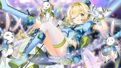 Rule 34 | 1girl, ahoge, alternate costume, asymmetrical legwear, azur lane, blonde hair, blue footwear, blush, boots, closed mouth, commentary request, cross-laced footwear, cymbals, drum, drumsticks, green eyes, hair between eyes, hair intakes, hairband, hat, headset, high heel boots, high heels, huge ahoge, idol, instrument, looking at viewer, midriff, mini hat, one eye closed, rabbit, short hair, sidelocks, single thighhigh, solo, southampton (azur lane), staff, thighhighs, tongue, tongue out, trumpet, twitter username, uneven legwear, v, vilor, white thighhighs