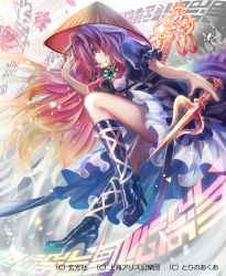 Rule 34 | 1girl, ajirogasa, boots, bowl, bowl hat, brown hair, cross-laced clothes, dagger, dress, flower, gradient hair, hat, high heel boots, high heels, hijiri byakuren, jewelry, knife, long hair, looking at viewer, looking back, multicolored hair, necklace, pearl necklace, petals, puffy sleeves, purple eyes, purple hair, short sleeves, smile, solo, sorcerer&#039;s sutra scroll, text focus, torino aqua, touhou, weapon