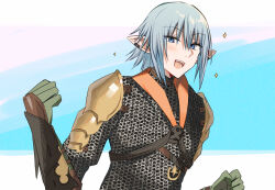 Rule 34 | 1boy, :d, armor, blue eyes, blue hair, blush, chainmail, clenched hands, ear piercing, elbow gloves, final fantasy, final fantasy xiv, gloves, green gloves, hair between eyes, haurchefant greystone, kinona, looking at viewer, male focus, open mouth, pauldrons, piercing, pointy ears, shoulder armor, smile, solo, sparkle, upper body