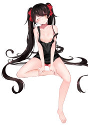 Rule 34 | 1girl, bare legs, barefoot, black hair, blush, bow, breasts, breasts out, brown eyes, chu (huaha1320), closed mouth, collarbone, girls&#039; frontline, hair bow, highres, long hair, looking at viewer, nipples, one eye closed, panties, red bow, red panties, simple background, sitting, small breasts, smile, solo, spread legs, tank top, twintails, type 97 (girls&#039; frontline), underwear, very long hair, white background