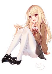 Rule 34 | 1girl, :d, ass, black footwear, black skirt, blonde hair, blush, bow, brown shirt, collared shirt, fate/kaleid liner prisma illya, fate (series), feet, fingernails, full body, hair between eyes, hand up, head tilt, highres, holding, holding hair, homurahara academy school uniform, illyasviel von einzbern, legs, loafers, long hair, looking at viewer, nahaki, open mouth, panties, pantyhose, red bow, red eyes, school uniform, shirt, shoes, signature, simple background, sitting, skirt, smile, solo, striped, striped bow, thighband pantyhose, underwear, very long hair, white background, white panties, white pantyhose