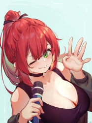 Rule 34 | 1girl, absurdres, black tank top, blush, breasts, choker, chucolala, cleavage, closed mouth, collarbone, green eyes, highres, hiseki erio, holding, j.xh, jacket, large breasts, long hair, looking at viewer, microphone, off shoulder, one eye closed, palms, ponytail, red hair, sidelocks, sideways glance, simple background, solo, tank top, upper body, virtual youtuber, waving