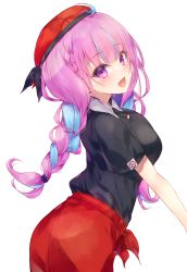 Rule 34 | 1girl, :d, apron, beret, black shirt, blue hair, braid, breasts, collared shirt, from behind, hat, highres, hololive, kabocha usagi, long hair, looking at viewer, looking back, medium breasts, minato aqua, multicolored hair, open mouth, pink hair, purple eyes, red apron, red hat, shirt, short sleeves, simple background, smile, solo, transparent background, twin braids, twintails, two-tone hair, very long hair, virtual youtuber, white background