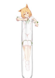 Rule 34 | 1girl, absurdres, animal ears, blonde hair, breasts, cclbzxiaoming, commentary request, corked bottle, fox ears, fox girl, fox tail, full body, green ribbon, hair between eyes, head tilt, highres, in container, ko~n, kudamaki tsukasa, mandarin collar, medium hair, puffy short sleeves, puffy sleeves, ribbon, romper, shirt, short sleeves, simple background, small breasts, smile, solo, tail, test tube, touhou, white background, white romper, white shirt, yellow eyes