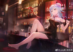 Rule 34 | 1girl, absurdres, bar (place), blue eyes, blue hair, cup, drinking glass, haiyi, highres, legs, leiq, smile, solo, synthesizer v