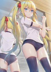 Rule 34 | 1girl, alexmaster, ass, black buruma, black thighhighs, blonde hair, blue eyes, blue hair, blush, bow, buruma, closed mouth, commentary request, cowboy shot, exercising, from below, frown, gradient hair, gym shirt, gym uniform, hair between eyes, hair bow, hair ribbon, highres, indoors, long hair, looking at viewer, mirror, multicolored hair, original, puffy short sleeves, puffy sleeves, red bow, red ribbon, reflection, ribbon, shirt, short sleeves, sidelocks, skindentation, solo, standing, thighhighs, thighs, twintails, v-shaped eyebrows, very long hair, white shirt, wooden wall
