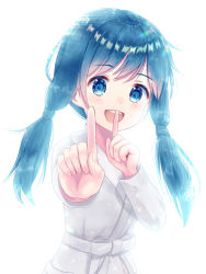 Rule 34 | 1girl, :d, amano hina (tenki no ko), blue eyes, blue hair, blush, bow, commentary request, japanese clothes, kimono, koi dance, long hair, long sleeves, looking at viewer, mimikaki (men bow), open mouth, outstretched arm, round teeth, simple background, smile, solo, teeth, tenki no ko, twintails, upper body, upper teeth only, white background, white bow, white kimono