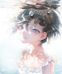 Rule 34 | 1girl, absurdres, air bubble, black hair, breasts, bubble, dancho (dancyo), dress, grey eyes, highres, light blush, looking at viewer, original, short hair, sleeveless, sleeveless dress, small breasts, smile, solo, underwater, upper body, water, white dress