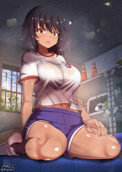 Rule 34 | 1girl, andou (girls und panzer), black hair, blue shorts, blush, breasts, brown eyes, covered erect nipples, girls und panzer, gym, gym uniform, highres, indoors, large breasts, looking at viewer, megadeko, navel, open mouth, short hair, shorts, smile, solo