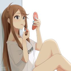 Rule 34 | 1girl, against wall, applying makeup, bare legs, blue eyes, blue nails, brown hair, compact (cosmetics), grey eyes, highres, idolmaster, idolmaster million live!, lipgloss, long hair, looking away, makeup, nail polish, neji (nezi hs), open mouth, parted lips, shirt, sitting, solo, t-shirt, tokoro megumi, twitter username, white background
