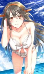 Rule 34 | 10s, 1girl, adjusting hair, bad id, bad pixiv id, bare shoulders, bikini, black hair, blush, breasts, brown eyes, cleavage, cloud, cloudy sky, day, dutch angle, hairband, haruna (kancolle), highres, huge breasts, kantai collection, leaning forward, long hair, looking at viewer, morizono shiki, navel, ocean, sky, smile, solo, standing, swimsuit