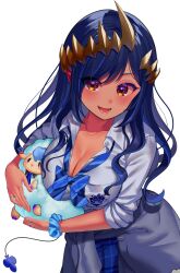 Rule 34 | 1girl, absurdres, blue bow, blue bowtie, blue hair, blue skirt, blush, bow, bowtie, breast pocket, breasts, brown eyes, cleavage, clothes around waist, collared shirt, commentary, cowboy shot, demon girl, demon horns, futayamam2, grey jacket, highres, holding, holding stuffed toy, horns, jacket, jacket around waist, large breasts, long hair, looking at viewer, loose bowtie, lower teeth only, medium bangs, nanashi inc., open mouth, plaid, plaid skirt, pocket, scrunchie, shimamura charlotte, shirt, simple background, skirt, smile, solo, striped bow, striped bowtie, striped clothes, stuffed animal, stuffed sheep, stuffed toy, teeth, virtual youtuber, white background, white shirt, wrist scrunchie
