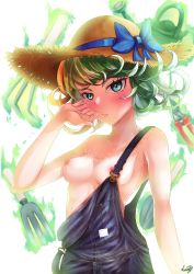 Rule 34 | 1girl, absurdres, blush, bow, breasts, curly hair, green eyes, green hair, hat, hat bow, highres, medium breasts, monty1024, naked overalls, nipples, one-punch man, overalls, short hair, solo, straw hat, tatsumaki, telekinesis, white background