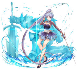 Rule 34 | absurdly long hair, blue dress, breasts, cleavage, dress, full body, holding, holding sword, holding weapon, legs, long hair, rwby, shrug (clothing), striped clothes, striped dress, sword, very long hair, weapon, wedge heels, weiss schnee, white background, white hair