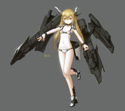 Rule 34 | 1girl, absurdres, amarr empire (eve online), armored boots, armpits, artist name, bikini, blonde hair, boots, breasts, bright pupils, brown eyes, closed mouth, commentary, electronic warfare ship (eve online), eve online, frigate, frigate (eve online), full body, grey background, grey bikini, hair between eyes, highres, long hair, looking at viewer, machinery, mcrc science, mecha musume, military, military vehicle, multicolored eyes, navel, original, outstretched arm, personification, science fiction, ship, simple background, slit pupils, small breasts, solo, space ship, spacecraft, spaceship, standing, standing on one leg, stomach, swimsuit, thighs, very long hair, warship, watercraft, yellow eyes, yellow pupils