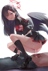 Rule 34 | 1boy, 1girl, ;d, after vaginal, aftersex, armband, ass, asymmetrical bangs, black choker, black gloves, black hair, black serafuku, black socks, black wings, blue archive, blue eyes, blush, censored, choker, cropped shirt, cum, cumdrip, gloves, halo, hetero, highres, ichika (blue archive), kneehighs, looking down, midriff, miniskirt, mosaic censoring, no panties, noomaru (nomorepeople), one eye closed, open mouth, penis, pleated skirt, red armband, red halo, school uniform, serafuku, simple background, skirt, smile, socks, squatting, straight hair, sweat, white background, wings