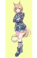 Rule 34 | 1girl, absurdres, animal ears, asymmetrical legwear, bad id, bad pixiv id, black collar, black dress, black footwear, blonde hair, blue hair, blue nails, blush, bochibochi (gyuuniku 6000), boots, bow, closed mouth, collar, commentary request, crossed arms, drawstring, dress, fishnet socks, fishnets, frilled sailor collar, frills, full body, green bow, green eyes, highres, horse ears, horse girl, horse tail, little cocon (umamusume), long sleeves, looking at viewer, mismatched legwear, multicolored hair, nail polish, puffy long sleeves, puffy sleeves, sailor collar, sailor dress, short hair, socks, solo, spiked collar, spikes, streaked hair, striped clothes, striped socks, tail, two-tone background, umamusume, white background