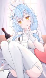 Rule 34 | 1girl, absurdres, ahoge, blue flower, blue hair, blush, bottle, breasts, closed mouth, commentary request, curtains, day, dress, feet out of frame, flower, garter straps, gloves, hair between eyes, hair flower, hair ornament, hair over shoulder, hairclip, hat, head tilt, heart, heart-shaped pillow, heart ahoge, highres, hololive, index finger raised, indoors, knees up, large breasts, long hair, looking at viewer, low twintails, multicolored hair, nurse, nurse cap, pillow, short sleeves, smile, solo, starfox1015, streaked hair, sunlight, thighhighs, transparent, twintails, virtual youtuber, white dress, white flower, white gloves, white hat, white thighhighs, window, yellow eyes, yukihana lamy