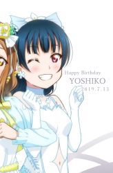 Rule 34 | 2girls, anibache, birthday, blue hair, blush, breasts, brown hair, character name, clothing cutout, commentary, dated, earrings, english text, flower, gloves, grin, hair flower, hair ornament, hair ribbon, happy birthday, jewelry, kunikida hanamaru, long hair, looking at viewer, love live!, love live! sunshine!!, multiple girls, navel, navel cutout, one eye closed, out of frame, red eyes, ribbon, small breasts, smile, tsushima yoshiko, upper body, white background, white gloves, yellow eyes