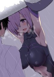 Rule 34 | 1boy, 1girl, armpits, arms up, black hair, black leotard, blush, breasts, breath, clearite, clothing cutout, covered erect nipples, dutch angle, facing another, fate/grand order, fate (series), hair over one eye, halterneck, just as planned (meme), large breasts, leotard, looking at another, mash kyrielight, meme, midriff, navel, navel cutout, open mouth, over shoulder, purple eyes, purple hair, rain, short hair, smile, steam, steaming body, upper body