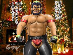 Rule 34 | 1boy, bara, beard, black hair, briefs, bulge, christmas, christmas ornaments, cigar, clothing cutout, crotchless, crotchless pants, dark-skinned male, dark skin, ded (housamo), facial hair, forked eyebrows, glowing snowflake, gon (gontaku), latex pants, looking at viewer, male focus, male underwear, mature male, muscular, muscular male, navel, nipples, old, old man, pants, pectorals, red male underwear, seductive smile, short hair, smile, snowflakes, solo, sparkle, stomach, thick thighs, thigh cutout, thighs, tokyo houkago summoners, topless male, underwear