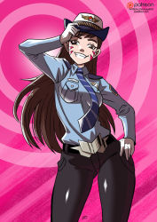 Rule 34 | 1girl, abstract background, animal print, belt buckle, black pants, blue shirt, breast pocket, breasts, brown eyes, brown hair, buckle, collared shirt, contrapposto, cowboy shot, d.va (overwatch), facepaint, facial mark, female service cap, gloves, grin, hand on headwear, hand on own hip, highres, kukuruyo, long hair, long sleeves, looking at viewer, necktie, officer d.va, official alternate costume, overwatch, overwatch 1, pants, patreon logo, pink background, pocket, rabbit print, shirt, smile, solo, standing, striped necktie, striped neckwear, swept bangs, watermark, web address, whisker markings, white gloves