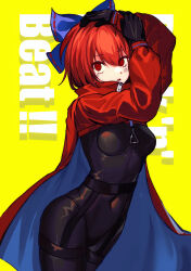 Rule 34 | 1girl, adapted costume, akatsuki records, black bodysuit, black gloves, blue bow, blue cape, blush, bodysuit, bow, cape, cloak, commentary request, covered navel, cowboy shot, english text, gloves, hair bow, highres, latex, latex bodysuit, long sleeves, open mouth, parted lips, puffy sleeves, red cape, red cloak, red eyes, red hair, ribbon-trimmed bow, rock &#039;n&#039; rock &#039;n&#039; beat, sekibanki, short hair, simple background, skin tight, solo, tang ben huan dou, touhou, two-sided cape, two-sided fabric, two-tone cape, yellow background, zipper