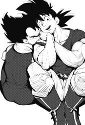 Rule 34 | 2boys, ass, back-to-back, bara, biceps, blush, couple, dragon ball, dragonball z, elbow rest, glaring, greyscale, head tilt, leaning on person, looking at viewer, male focus, monochrome, multiple boys, muscular, muscular male, raised eyebrows, receding hairline, shoes, short hair, sideburns, sitting, son goku, spiked hair, supobi, thick eyebrows, v-shaped eyebrows, vegeta, yaoi