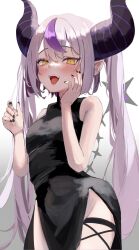 Rule 34 | 1girl, ahoge, alternate costume, alternate hairstyle, bare shoulders, black dress, black horns, black nails, blush, breasts, dress, grey hair, highres, hololive, horns, kote11272424, la+ darknesss, looking at viewer, multicolored hair, nail polish, no panties, open mouth, pointy ears, purple hair, side slit, small breasts, smile, solo, streaked hair, striped horns, sweat, thigh strap, tongue, tongue out, twintails, virtual youtuber