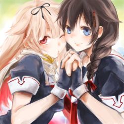 Rule 34 | 10s, 2girls, ;o, animal ears, blonde hair, blue eyes, bow, braid, brown hair, cheek-to-cheek, dog ears, fingerless gloves, gloves, hair bow, hair flaps, hair ornament, hair over shoulder, hairclip, heads together, holding hands, kantai collection, long hair, looking at viewer, mochi mocchi, multiple girls, one eye closed, personification, red eyes, shigure (kancolle), single braid, wink, yuudachi (kancolle)