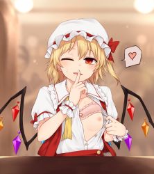 Rule 34 | 1girl, ;), blonde hair, blouse, blurry, blurry background, bra, bra lift, breasts, collarbone, commentary request, crystal, finger to mouth, flandre scarlet, flashing, frilled shirt collar, frills, hair between eyes, hat, heart, index finger raised, looking at viewer, miyo (ranthath), mob cap, nipples, one eye closed, open clothes, open shirt, open vest, oppai challenge, parted lips, pink bra, puffy short sleeves, puffy sleeves, red eyes, red vest, shirt, short hair, short sidetail, short sleeves, shushing, small breasts, smile, solo, spoken heart, sweatdrop, touhou, underwear, upper body, vest, white shirt, wings, wrist cuffs