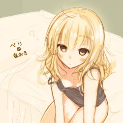 Rule 34 | 1girl, ?, blonde hair, blush, breasts, brown eyes, camisole, downblouse, drooling, from above, highres, kanamura will, long hair, looking up, messy hair, nipples, on bed, perrine h. clostermann, saliva, sitting, sketch, small breasts, solo, strap slip, strike witches, world witches series