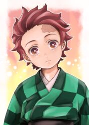 Rule 34 | 1boy, bright pupils, checkered clothes, checkered haori, closed mouth, gradient background, haori, highres, japanese clothes, kamado tanjirou, kimetsu no yaiba, kimono, looking at viewer, male focus, myukom, red eyes, red hair, scar, scar on face, scar on forehead, short hair, solo, upper body, white pupils