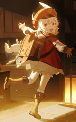 Rule 34 | 1girl, ahoge, backpack, bag, blonde hair, bloomers, boots, bow, box, brown bag, brown footwear, brown gloves, child, clover print, commentary, dress, genshin impact, gloves, hat feather, heiwa (murasiho), highres, hooded dress, klee (genshin impact), lamp, leg up, legs, long sleeves, looking at viewer, looking back, open mouth, outdoors, outstretched arms, pocket, red dress, red eyes, red headwear, short hair, smile, socks, solo, stuffed animal, stuffed toy, sunlight, sunset, teeth, thighs, twintails, underwear, upper teeth only, white bloomers, white bow, white socks