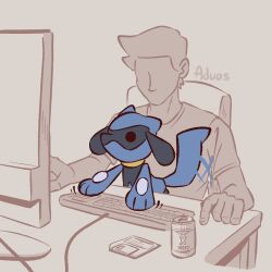 Rule 34 | 1boy, advos, artist name, black fur, blue fur, can, chibi, creatures (company), drink can, game freak, gen 4 pokemon, grey background, keyboard (computer), monitor, nintendo, pokemon, pokemon (creature), riolu, shirt, short sleeves, simple background, sitting, solo focus, tail, tail wagging, two-tone fur
