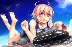 Rule 34 | 10s, 1girl, :d, ahoge, barefoot, blush, breasts, cleavage, dutch angle, feet, fuuki (nicoseiga), fuuki (te fuukin), gradient hair, i-58 (kancolle), kantai collection, legs up, lens flare, looking at viewer, lying, multicolored hair, on stomach, one-piece swimsuit, open mouth, pink hair, school swimsuit, sea cucumber, shallow water, short hair, sky, small breasts, smile, soles, solo, stick, sunlight, swimsuit, the pose, toes, torpedo, type 95 torpedo, water, wet