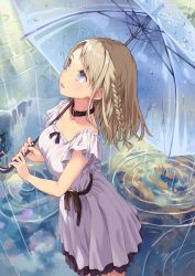 Rule 34 | 1girl, black collar, blue eyes, blue umbrella, blush, braid, breasts, brown hair, collar, commentary request, dress, highres, hinoki yuu, holding, holding umbrella, long hair, looking away, looking up, original, parted lips, pleated dress, puddle, rain, ripples, see-through, short sleeves, small breasts, solo, teeth, umbrella, upper teeth only, water, wet, wet clothes, wet dress, white dress