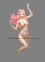 Rule 34 | 1girl, breasts, censored, lipstick, long hair, makeup, nipples, nude, original, pink hair, red eyes, shadowgrave, solo
