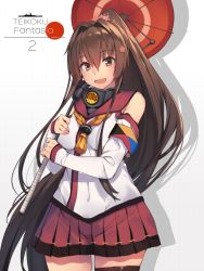 Rule 34 | 10s, 1girl, :d, breasts, brown eyes, brown hair, cherry blossoms, female focus, flower, hair flower, hair ornament, kantai collection, large breasts, long hair, miniskirt, oil-paper umbrella, open mouth, ponytail, skirt, smile, solo, soukou makura, umbrella, yamato (kancolle)