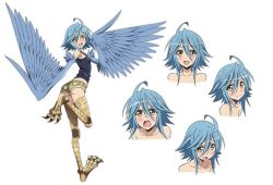 Rule 34 | 10s, 1girl, ahoge, blue hair, blue wings, breasts, character design, character sheet, concept art, expressions, facial expressions, feathered wings, full body, harpy, monster girl, monster musume no iru nichijou, multiple views, official art, papi (monster musume), short shorts, shorts, simple background, small breasts, smile, talons, white background, winged arms, wings, yellow eyes