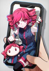 Rule 34 | 1other, 2girls, arm up, black shirt, black skirt, black thighhighs, cellphone, chibi, chromatic aberration, closed mouth, collared shirt, commentary request, detached arm, detached sleeves, drill hair, dual persona, hand up, headphones, highres, hito mania (utau), holding, holding phone, kasane teto, mini person, minigirl, multiple girls, no mouth, phone, pleated skirt, pointing, pointing at viewer, red eyes, red hair, red nails, shadow, shirt, short hair, shoulder tattoo, sirotuki, skirt, sleeveless, sleeveless shirt, smartphone, solid oval eyes, star-shaped pupils, star (symbol), staring, symbol-shaped pupils, tattoo, thighhighs, through medium, through screen, twin drills, utau, waving